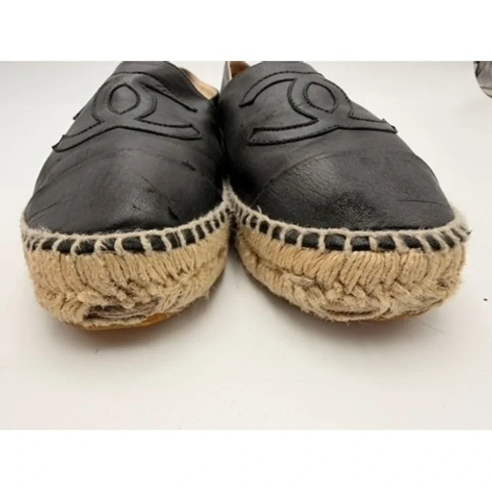 Chanel Espadrilles Women Black Good Lambskin Leather CC Logo‎ Flats